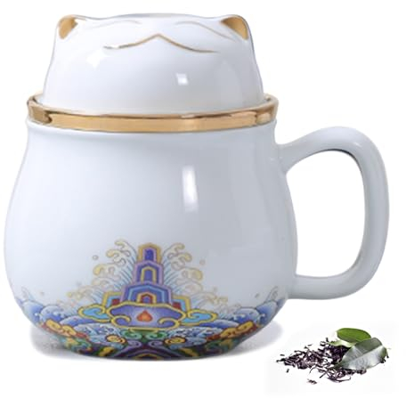 DEARART belle tasse à thé et couvercle filtre 300ml blanc porcelaine large bouche facile à nettoyer, garder le thé chaud, infusé feuilles mobiles sachet de thé, café, lait, chat mignon, blanc