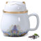 DEARART belle tasse à thé et couvercle filtre 300ml blanc porcelaine large bouche facile à nettoyer, garder le thé chaud, infusé feuilles mobiles sachet de thé, café, lait, chat mignon, blanc
