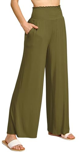 Made By Johnny Elastische Palazzo-Hose für Damen, hohe Taille, leger, weites Bein, lange Lounge-Hose mit Tasche, Wb2389_olive, XX-Large