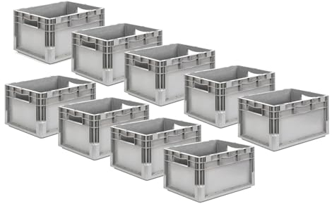 SSI Schäfer EuroBox SETS ELB 4220 grau L40xT30xH22 cm, 20,4 L, verschiedene Boxen-Sets wählbar, Kunststoffbehälter gebraucht, Aufbewahrungsbox Handgriffe offen, Industriebox stapelbar (9er Set)