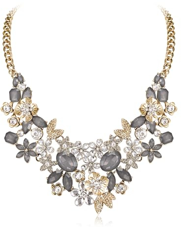 EVER FAITH Blume Statement Halskette für Damen, funkelnde Strass Kristall Floral Bib Chunky Kragen für Sommerurlaub Grau