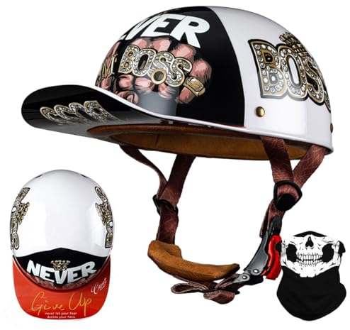 RQTEUYE Vintage Motorrad Baseball Cap Halbhelme, Retro Jethelm Halbschalenhelm mit ECE Zulassung mit Schnellverschluss für Scooter Cruiser Chopper Herren Damen Motorradhelm M-XXL