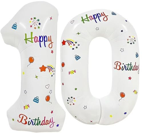 Vthoviwa 32 Zoll Luftballon Zahlen 10 Weiß, Luftballon 10. Geburtstag Foil Ballon, 0123456789,10-19,20-25,30,40,50,60,70,80,90, Folienballon 10 Party Dekoration