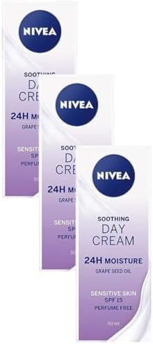 NIVEA Sensitive Day Cream (50 ml), Face Cream and Moisturiser with SPF 15 for Sensitive Skin, Summer Skin Care Essentials, Sensitive Moisturising Cream (Pack of 3)