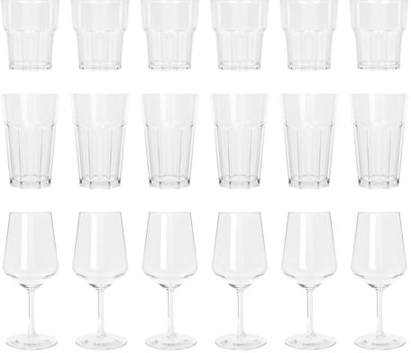 Argon Tableware Reusable Plastic Glasses - 260ml Tumbler, 400ml Highball, 500ml Wine Glass - 18pc Set - Plastic Glassware Set - Tumbler Drinking Cups for Garden, Parties, Weddings, BBQ and Picnic