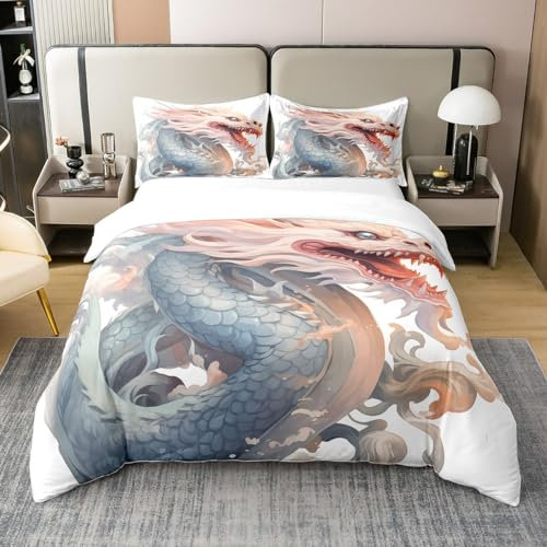 Magischer Drache 100% Baumwolle Bettbezug für Kinder, Mysteriöse Tier Tröster Bezug 135x200, Blauer Drache mit Silbernen Augen Bettwäsche Set, Vintage Chinesische Drachen Bettwäsche Abdeckung