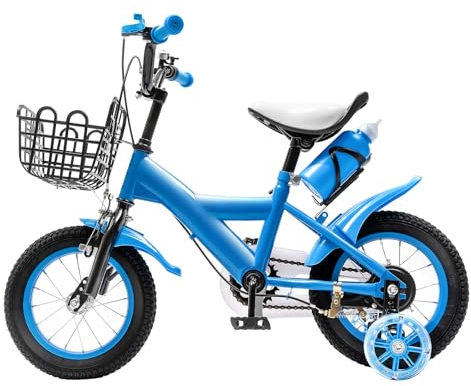 Tagtuell 12 Zoll Kinderfahrrad, Kinder Fahrrad für Mädchen und Jungen, Schutzblech v. und h., Kinderrad mit Trinkflaschenhalter, Fahrradkorb, Von 2-4 Jahren, Blau