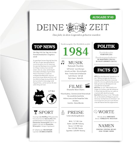 heaven+paper Individuelle und besondere Geburtstagskarte 40 - DIN A5 mit Umschlag - 1985 Jahrgang als Geschenk Karte zum 40 Geburtstag Frau / 40. Geburtstag Mann lustig & geschmackvoll