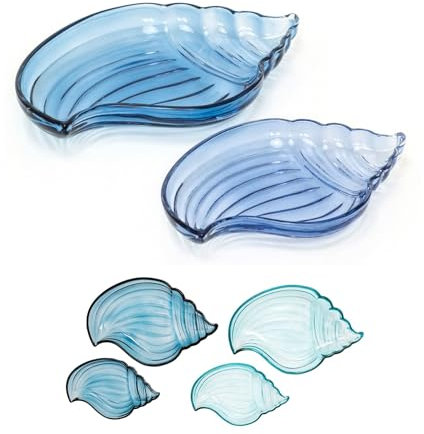 Set of 2 Shell Shaped Glass Trinket Dishes | 2 Piece Blue Seashell Design Trinket Trays | Nautical Vanity Dish Set Glass Jewellery Trays - Colour Varies One Set Supplied