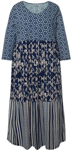 Ulla Popken Damen große Größen Übergrößen Plus Size Jerseykleid, Mustermix, A-Linie, V-Ausschnitt, 3/4-Arm Marine 66+ 832135130-66+