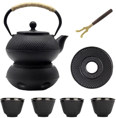30.4oz Small Cast Iron Teapot Set with Candle Warmer, Japanese Tea Kettle for Stovetop Safe, Black Teapot and Tea Cup Set, Tea Pot with Strainer for Loose Leaf(900ml)