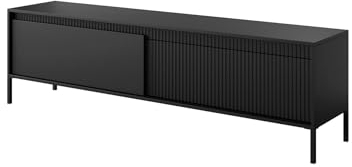 BETTSO - TV Kommode Schwarz Matt - Fernsehschrank mit Klapptüren, dekorativen Rillen und hohen Metallbeinen - Push to Open System - 187 cm breit, 53 cm hoch - TV Schrank, Kommode Wohnzimmer, Lowboard