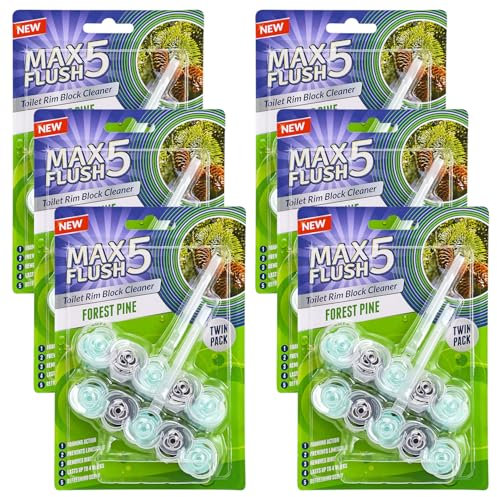 6 Pack Max Flush 5 Forest Pine Toilet Rim Block Cleaner (Twin Pack), Clear Water Toilet Rim Block with Anti-Limescale, Cleaning Foam, Dirt Protection and Extra Freshness