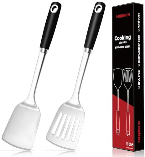 MUJINON 14.3-in Spatula Set, 18/0 Stianless Steel Heavy Duty Turner & Slotted Spatula, Kitchen Cooking Utensils Set, High Heat Resistant, Grilling Frying Serving Food, Pack of 2