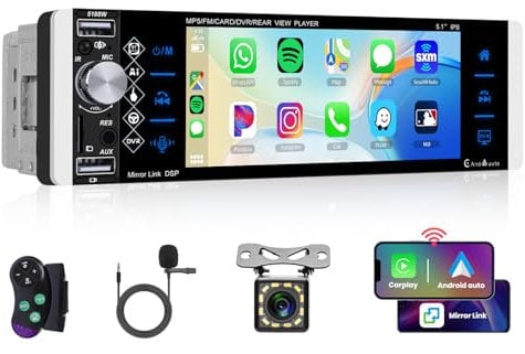 Hodozzy Radio de Coche 1 DIN con Inalámbrica Carplay y Android Auto, 5,1 Pulgadas HD Pantalla Táctil con Bluetooth Mirror Link EQ SWC FM/Am/RDS Radio con Cámara,Soporta USB/TF/AUX in