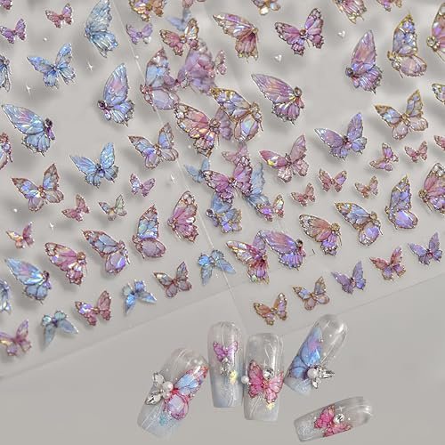 2 Bögen Schmetterlings-Nagelsticker, 5D-geprägte Aurora-Schmetterlings-Nagelaufkleber, pinkfarbenes, glänzendes Schmetterlings-Nageldesign, Nagelsticker Schmetterling für Frauen, DIY-Nageldekorationen