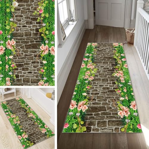 Poaegle Teppich Läufer Flur Grün Lang rutschfest KücheLäufer Holzmaserung Waschbar Schlafzimmer Bunt Teppich Läufer 50x150cm Dauerhaft Läuferteppich FlurLäufer Korridor Meterware