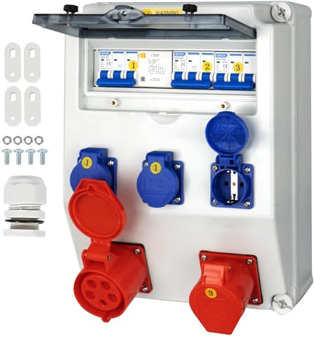 CHENGPI Baustromverteiler,IP65 Wasserdicht Stromverteiler mit Leitungsschutzschalter, Wandverteiler mit IP54 230V/16A Schuko Steckdose und 380V/16A CEE Steckdose,Starkstrom Verteiler,Socket Box