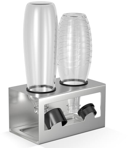 HOMMAND Flaschenhalter für SodaStream Crystal und Emil Flaschen, Edelstahl Flaschenhalter Abtropfgestell Abtropfständer für 2 Flaschen, mit Silikonschutzringe, Abtropfschale und Deckelhalter Silber