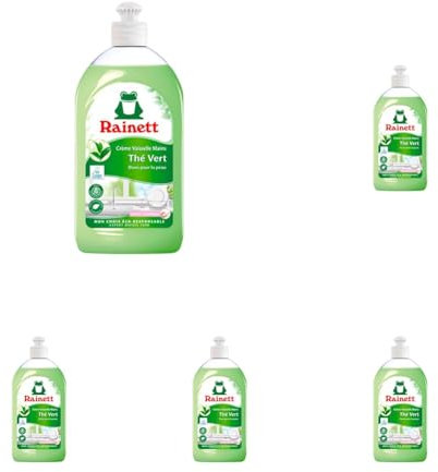 RAINETT - Liquide Vaisselle Mains - Formule Hypoallergénique - Préserve les Peaux Sensibles - Flacon Recyclé & Recyclable - Ecolabel - Thé Vert - 500 ml (Lot de 5)