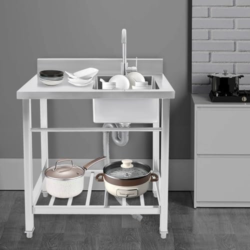 MEHOOSPVN Évier de cuisine autoportant en acier inoxydable - 1 bac - Grand lavabo et plan de travail - Kit complet avec support et robinet - Pour extérieur, arrière-cour, cuisine, restaurant, jardin