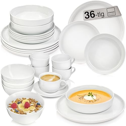 SÄNGER | Kombiservice Marlo Weiß, 30-teiliges Geschirrset für 6 Personen mit Speise-, Dessertteller, Schalen, Müslischalen und Kaffeebechern aus Porzellan, moderne Form |PREMIUM COLLECTION