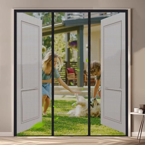 Rideau Porte Anti Mouche Metal 240x195cm Noir Moustiquaire Baie Vitree Coulissante Rideau en Maille Rideau de porte anti-moustiques