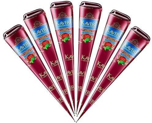 Kaveri Mehndi 6er Pack - Kegel Dunkelbraun Bio Körperkunst Temporäre Tattoos Alle Natürlich Organisch | Safe and Long Lasting Mit Kajal Aufkleber