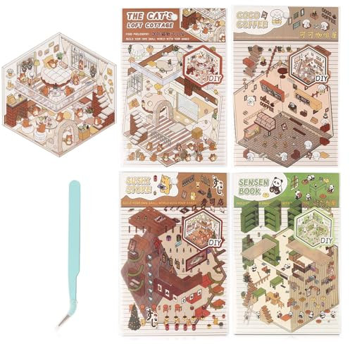 4 Sets DIY 3D House Stickers, 2025 DIY 3D House Fun Stickers Scene Fun Stacking Scene Make Your Own Supermarket for Adult Kids Relief Stress Pass The Time