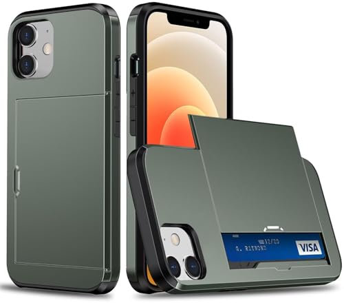 xinyunew Coque Portefeuille pour iPhone 12 Mini avec Porte-Cartes, Étui de Protection Téléphone Double Couche Antichoc, Fente Cachée Coulissante,Antichoc TPU+PC Housse Portefeuille(Vert Militaire)