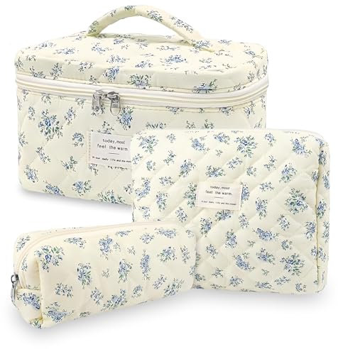 Aucuu Grande Trousse de Maquillage, Lot de 3 Trousse de Toilette Femme Voyage en Coton, Trousse de Toilette Femme Voyage, Motif Floral Grand Capacité Trousse de Toilette pour Fille Femme