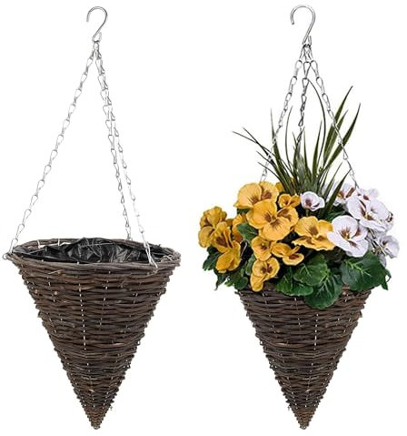 ANGDI Panier Suspendu Conique tissé à la Main, 2 Pots de Fleurs Coniques avec Crochet, Panier Mural en rotin pour extérieur, Pot de Fleurs Suspendu en Osier Naturel pour décoration(DIA35)