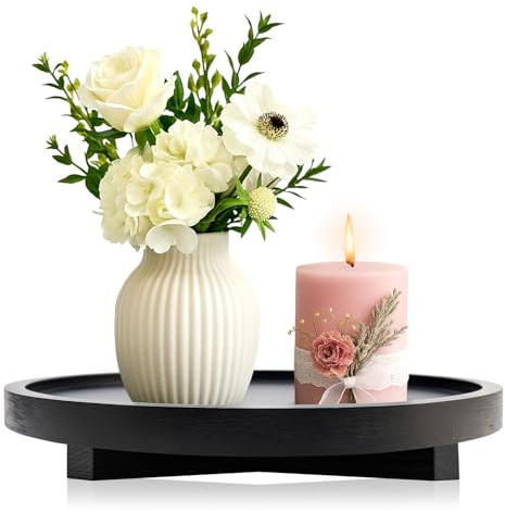 Round Wood Riser Bathroom Sink Tray for Kitchen Counter Vanity Perfume Tray | 12 Black Lazy Susan Decorative Wooden Tray Candle Pedestal Display Stand Circle Dining Coffee Table Farmhouse Decor Oil Tray