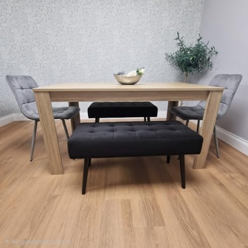 KOSY KOALA Dining Table and 2 Chairs With 2 Benches Oak Effect Wood Table 2 Black Velvet Chairs Dining Room