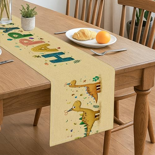 Tischläufer Happy Celebration, bunte Cartoon-Dinosaurier, verspielte Dekoration für Zuhause, Familienfeiern, Partyzubehör, 33 x 183 cm