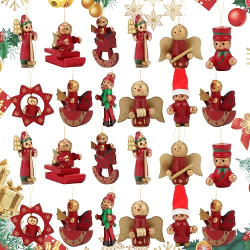 Weihnachtsmann Anhänger Set,24 Stück Weihnachtsanhänger,Rot Engel Schaukelpferd Baumschmuck Weihnachtsbaumschmuck aus Holz für Festliche Türdekorationen und Heimdekor, Eingangsbereiche und Gärten