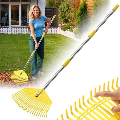 Garten Laubrechen, Laubsammler Griff 190 cm Rechen, Laubbesen 23 Starke Zinken Kunststoff Kopf Strauch Rechen, Laubharke 42cm breit, Garten Rechen für Rasen Laub,Gelb