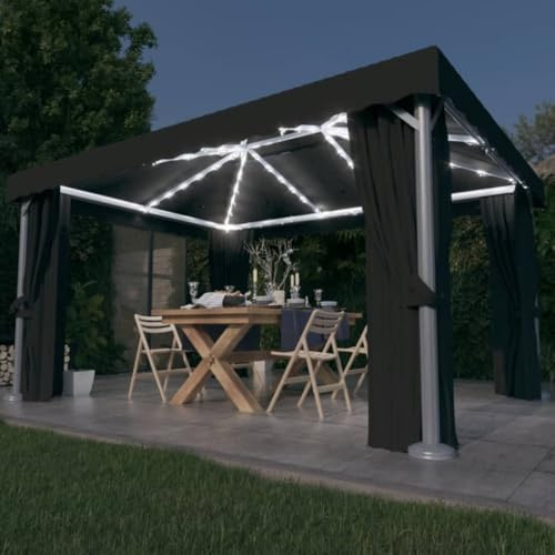 QJBSAVVA 4x3 m Garten-Pavillon anthrazit mit Solar-LED-Lichterkette und Moskitonetz Robustes Aluminium-Stahl-Gestell Robustes Material für Outdoor-Nutzung für Garten Party Camping