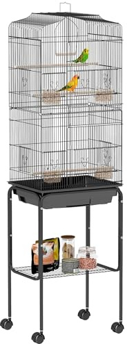PawHut Cage à Oiseaux sur Pied roulettes Toit Ouvrant 46,5x36x157 cm Noir