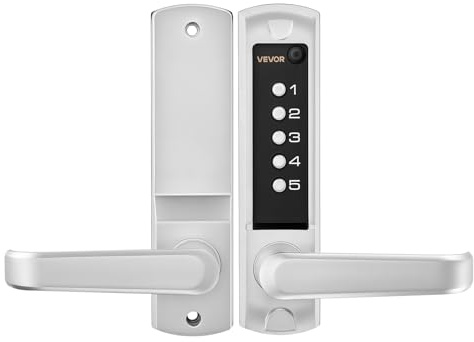 VEVOR Mechanical Keyless Entry Door Lock, 2.0 Code Upgrade, 5 Digits Code, Single-Sided Push Button Combination Keypad Door Lock with Handle, Auto Locking, for Garden Gates, Indoor or Outdoor, Silver