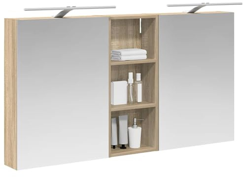 vidaXL Badezimmerschrank-Set 3 pcs 130 x 14,5 x 70 cm Holzwerkstoff, Badezimmer-Schrank, rechteckiger LED-Spiegel, moderner Wand-Organizer, praktischer Platzsparer