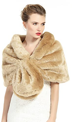 BEAUTELICATE Kunstpelz Schal Stola Damen für Frauen Festlich Bolero Hochzeit Braut Abendkleid Brautschal Brautstola Ivory Khaki, L