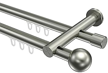 INTERDECO Innenlauf-Gardinenstange 20 mm 2-läufig, moderne Innenlaufstange aus Metall, Edelstahl-Optik, zur Wandmontage, Typ 10213612, 220 cm