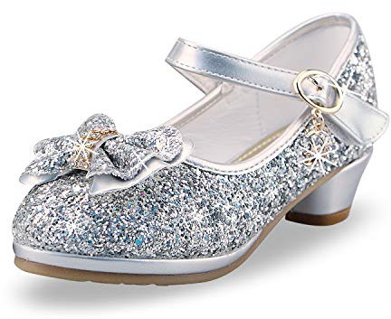 ANBIWANGLUO Scarpe Principessa Bambina Scarpe Tacco Bimba Decollete Bambina Tacchetti per Bambina Paillettes Glitterate Scarpe Tacchi Ragazze 31 EU,Argento