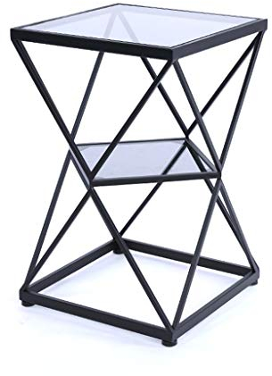 Mesa Lateral Doble/Mesa de Centro de Hierro Forjado, Mesa de Cristal Transparente Templado, Estructura de Metal, Apta para Sala de Estar, Cuadrado, Negro (tamaño: 40 × 40 × 60 cm)