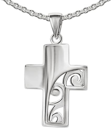 CLEVER SCHMUCK Damen Kreuzkette Anhänger breites Jugendstil-Kreuz 19 mm gewölbte elegante Form mit Schnörkel Kette Erbs Sterling Silber im Schmucketui