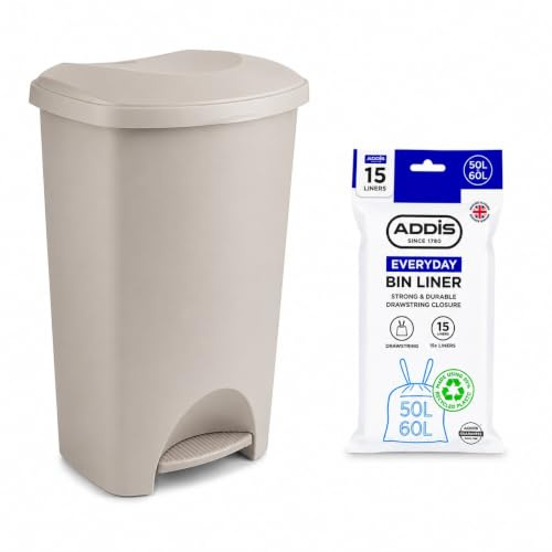 Addis 50L Mushroom Kitchen Pedal Bin with 15 Drawstring Bin Liners | Large 50L Mushroom kitchen bin with foot pedal, easy-clean plastic body and 15 Addis drawstring bin liners included