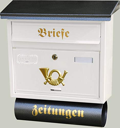 Vintage-Style Design Briefkasten, Motiv mit Zeitungsrolle antik, groß, Metall mit Lackierung, Flachdach mit Katalogeinwurf,