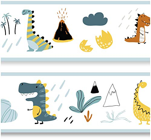 Bordüre 15cm x 200cm für Kinderzimmer Babyzimmer Dekor Aufkleber Wandbordüre selbstklebend Wandtattoo für Kinder Mädchen Junge Y033 (Dinos)