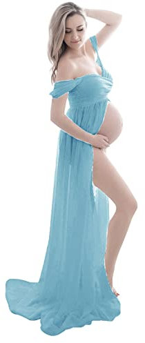 FEOYA - Robe de Soirée Maxi pour Femmes Enceintes - Bleu Clair - Taille Unique - S - Dos à Une Manche - Coton - Sans Bretelles - A-Line - Occasion Fête Prénatale - Mariage - Versatile
